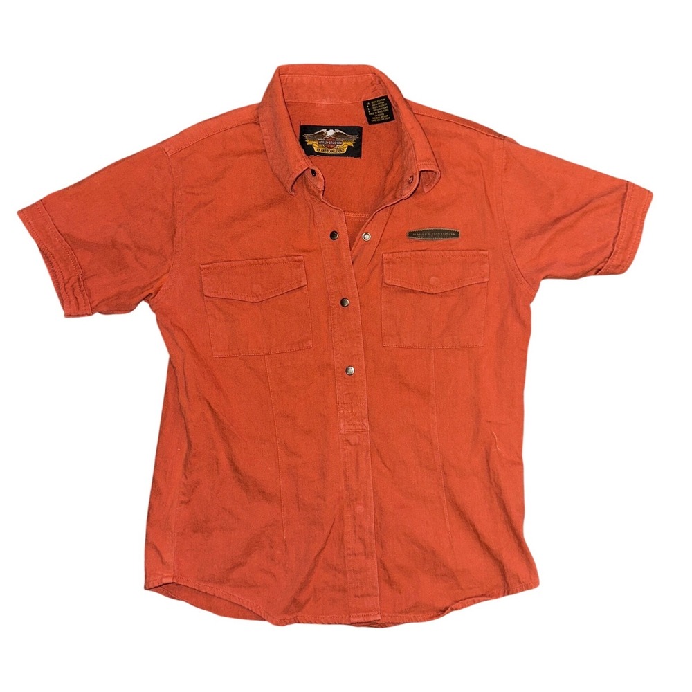 Harley-Davidson Womens Orange Short Sleeve Button Up Embroidered Eagle Shirt M